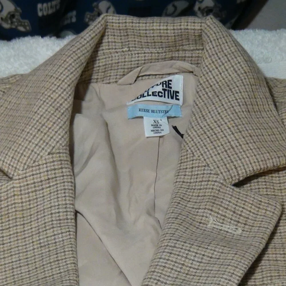 Future Collective Women's Tan Cropped Blazer Jacket Plaid Reese Blutstein XS - Picture 3 of 14